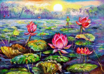 Original oil painting abstract color petal lotus flower	