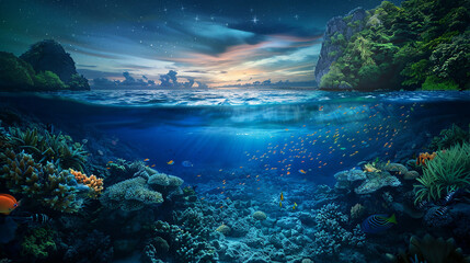 An enchanting underwater scene with colorful coral reefs and vibrant marine life under a starlit sky, blending the beauty of both worlds.