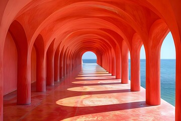 Naklejka premium Vibrant Abstract Architecture with Red Arches Overlooking the Ocean - Perfect for Modern Design, Art Prints, and Posters