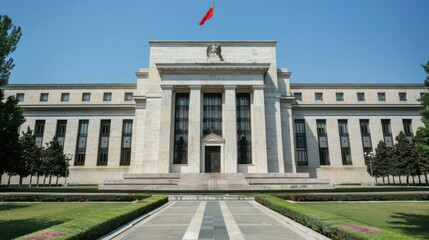 Obraz premium Imposing government building with grand architecture, symbolizing power and authority against a clear blue sky.