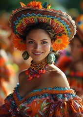 Colorful Latin American festival with dancers in traditional attire, vibrant decorations.