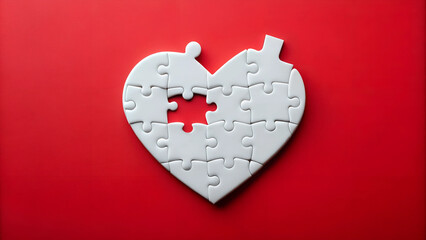 A white jigsaw puzzle piece resembling an incomplete heart love icon against a plain red background