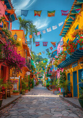 Brightly decorated street during a Hispanic Heritage Month celebration, vibrant atmosphere.