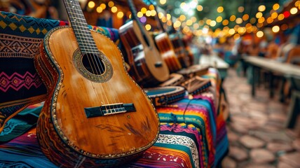 Hispanic Heritage Month celebration with traditional music and instruments, lively background