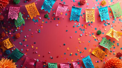 Festive celebration with Latin American flags and decorations, vibrant and colorful background