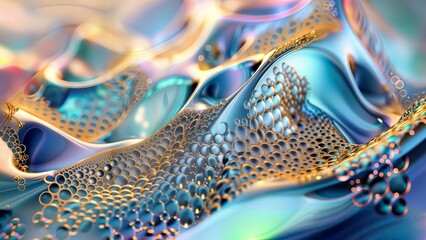 Microcosmic Bubbles. Close-up 3D render of shimmering metallic surfaces with bubble-like structures in blue and gold tones.