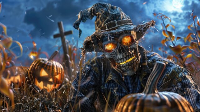 A person experiences fear in a pumpkin patch at night