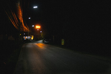 Empty night street with streetlights and illuminated signs in the distance 1