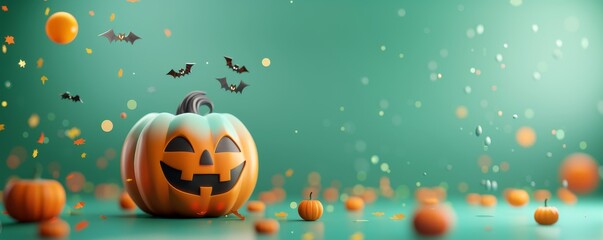 Fototapeta premium Happy Halloween Pumpkin - Charming 3D Illustration of Smiling Jack-o'-Lantern on Vibrant Green Background With Spooky Decorations