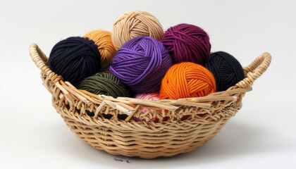 Wicker Basket Filled with Colorful Yarn Balls