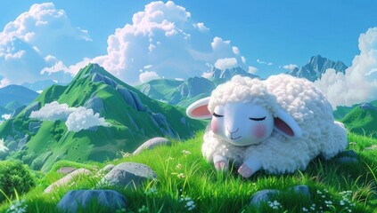 Sleeping Lamb in a Mountain Meadow