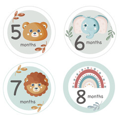 Monthly milestone cards for baby photoshoot with animals and rainbow. 5, 6, 7, and 8 months