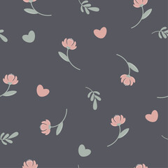 Floral seamless pattern for nursery. Pink flowers on grey background