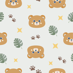 Kids seamless pattern with tropical leaves, teddy bear and animal paw prints