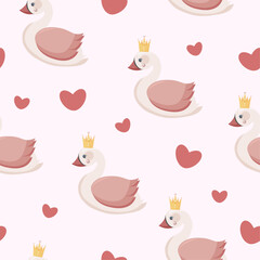 Cute seamless pattern for baby girl with swan princess and hearts