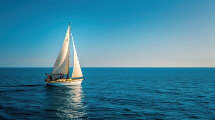 Obraz premium A white sailboat gliding on a calm blue sea under clear weather, symbolizing tranquility and adventure