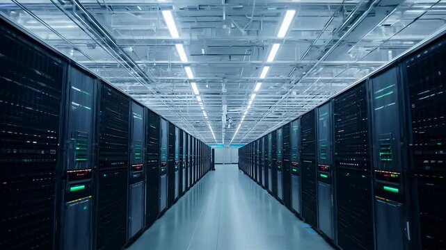 Modern data center with rows of high-tech servers