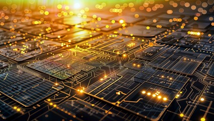 Glowing Circuit Board with Data Flow Visualization. A close-up view of an illuminated circuit board with golden light particles, representing data flow and connectivity in modern technology.