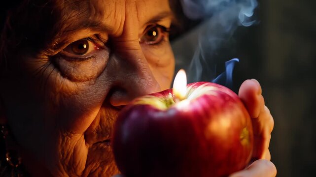 Sinister Witch Casting Spell on Red Apple with fire
