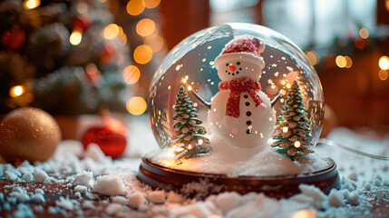 Snow Globe with Christmas trees and snow man, Christmas concept