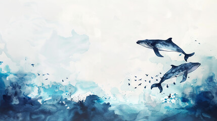 Naklejka premium Marine animals like whales in blue shade watercolor painting with copy space.