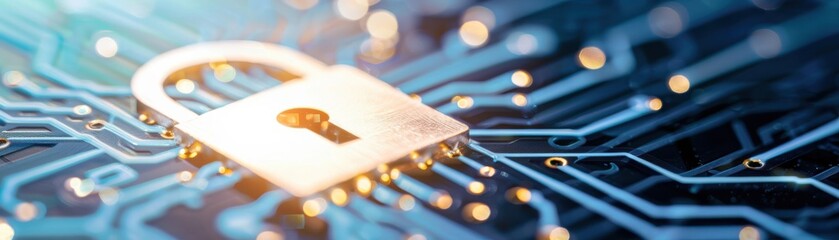 a digital lock on a circuit board, symbolizing cybersecurity and data protection in a modern tech environment.