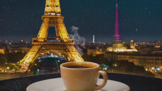a cup of hot coffee with the background of the Eiffel tower at night, seamless looping animation video background 