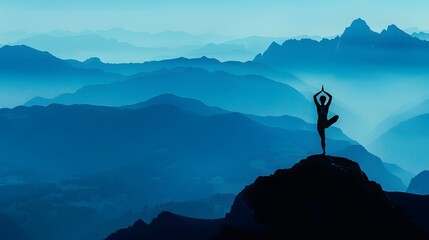 silhouette fitness girl practicing yoga on mountain. 
