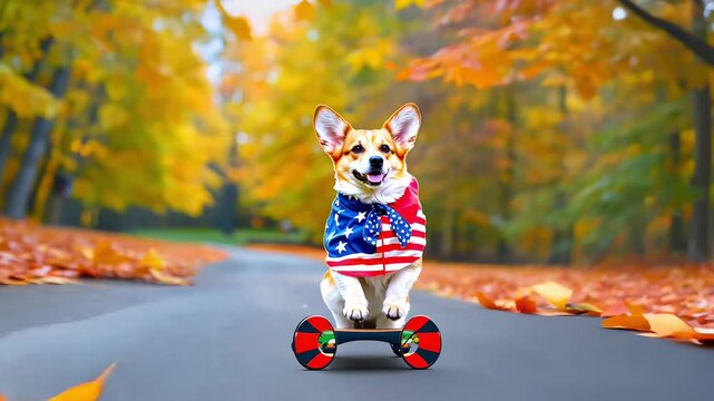 A cute corgi dog wearing an American flag bandana, riding a hoverboard on a path surrounded by autumn trees