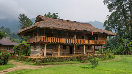 Obraz premium A traditional wooden house with a thatched roof, set in a lush countryside, showcasing rural architecture.