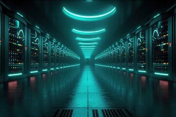 Obraz premium A futuristic data center hallway, lined with servers. The lighting is a soft teal, reflecting off the sleek, metallic surfaces, creating a high-tech and sterile environment. 