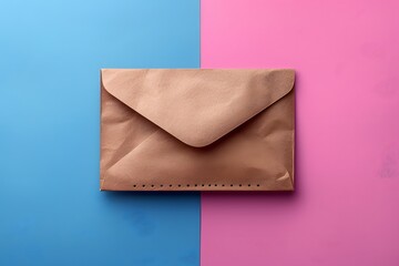 Minimalist Brown Envelope on Colorful Blue and Pink Split Background for Design, Stationery, and Invitations