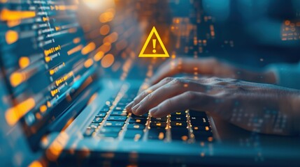 Software developer working on code with warning sign displaying on laptop screen