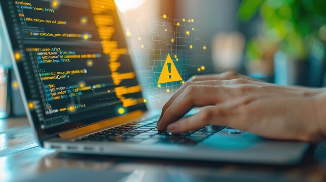 Software developer fixing error message on laptop displaying warning symbol