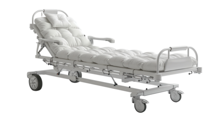 Adjustable Hospital Bed on Wheels Ready for Patient Care in Medical Facility