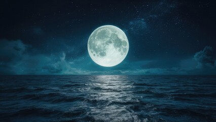 Fototapeta premium Midnight Blue Sea and Sky with Moonlight