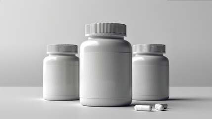 Mockup Photo of Three White Medicine Bottles with Blank Labels for Product Design and Branding