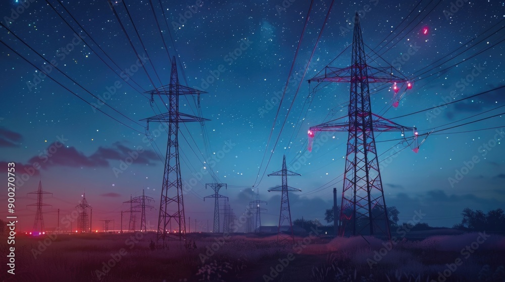 Poster a nighttime image of power lines and poles, suitable for use in illustrations related to infrastruct