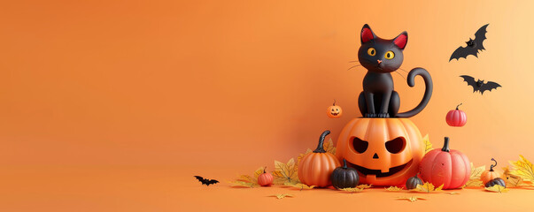 Spooky Halloween Scene with 3D Black Cat on Carved Pumpkin in Vibrant Orange Background