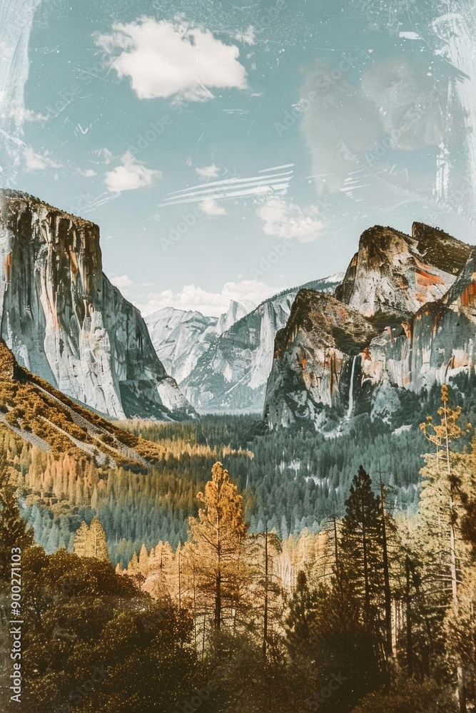 Aufkleber a serene mountain scene with trees and mountains in the background