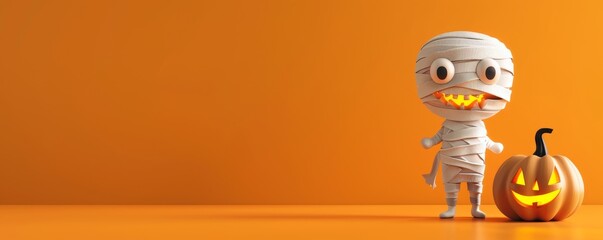 Spooky Halloween 3D Illustration with Grinning Pumpkin and Mummy in Vibrant Orange Scene