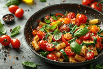 A bowl of penne pasta with tomatoes and parsley