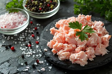 Fresh Diced Salmon with Sea Salt, Peppercorns, and Parsley on Slate Background