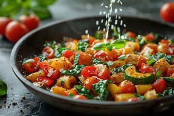 A bowl of food with a lot of vegetables