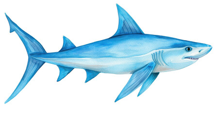 Obraz premium Vibrant handdrawn watercolor of a blue shark, showcasing intricate details against a clean white background.