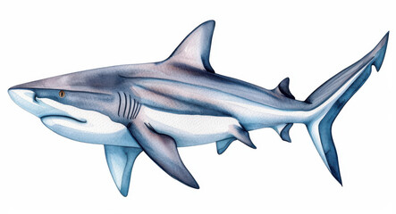 Fototapeta premium A vibrant bull shark illustration in watercolor showcases the beauty of marine life, perfect for ocean enthusiasts and decor.