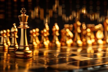 Elegant golden chess pieces superimposed over a screen with rising bar and line graphs