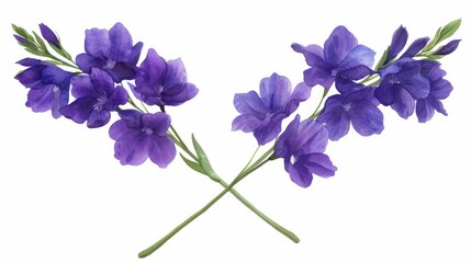 Delicate pastel larkspur blooms in a soft watercolor style, capturing natures tranquility against a bright white backdrop.