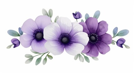 Fototapeta premium Elegant pastel purple anemone flowers with white accents create a stunning wedding banner, framed by delicate eucalyptus branches.