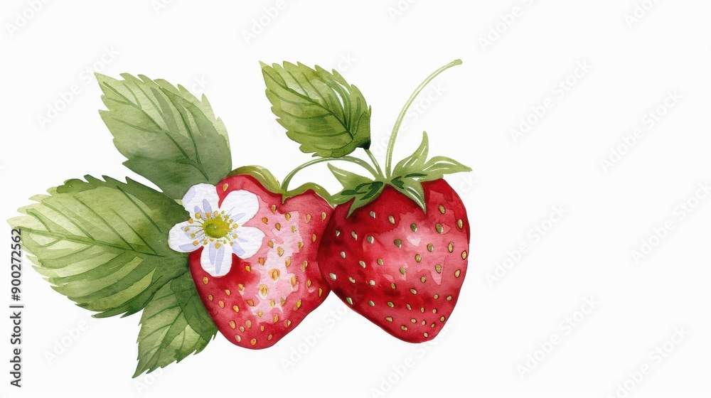 Sticker Vibrant red strawberries adorned with delicate flowers and lush green leaves, beautifully illustrated in watercolor on white canvas.